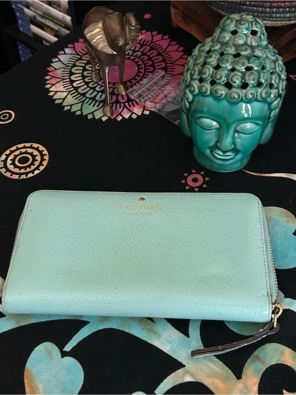 kate spade Mint Zip-Around Card Holder Wallet with Gold Logo